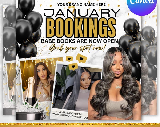 January Booking Flyer, New Year Booking Flyer, Book Now Flyer, Braid Booking Flyer Template Hair Lash Nail Makeup, Canva Editable