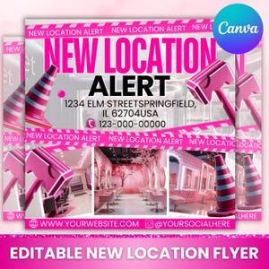 May include: Pink and white flyer with a pink hammer and a traffic cone. The flyer announces a new location for a business with the address 1234 Elm Street Springfield, IL 62704USA and the phone number 123-000-00000. The flyer also includes the website www.yourwebsite.com and the social media handle @yoursocialhere.
