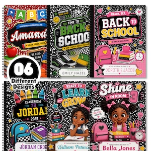 May include: Six spiral-bound notebooks featuring colorful back-to-school themes with black and white patterned backgrounds. Designs include illustrations of backpacks, crayons, apples, and alarm clocks, with customizable name labels on each cover.