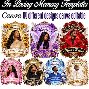 May include: A collection of nine digital templates for memorial announcements, each featuring the text In Loving Memory Of, a portrait of a person, and decorative frames with elements like sunflowers, roses, butterflies, doves, and clouds.
