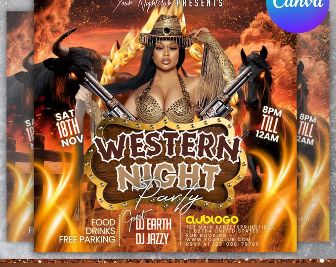 Western Party Flyer, Birthday Western Party Flyer, Night Club Flyer, Summer Pool Party Flyer, Cowgirl, Social Media Flyer, Canva Editable