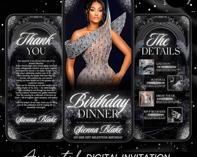 Digital Birthday Dinner invitation, Animated Digital Birthday Dinner Party, birthday evite, Music, Text, Birthday Party, Canva Editable
