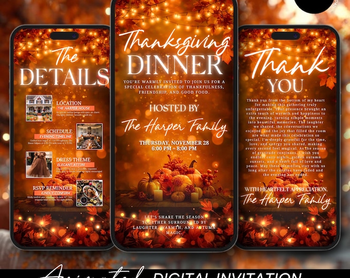 Animated Thanksgiving Cozy Pumpkin Dinner Invitation: Editable Thanksgiving Invite Digital Download Template Fall Dinner Celebration Invite