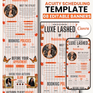 May include: Acuity scheduling template with 08 editable banners. The design features an orange and white color scheme with text that reads "Luxe Lashed by Madeleine Hayes". The image includes a photo of a woman with long hair and text about booking policies.