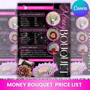 Lista de precios de ramos de dinero, lista de precios imprimible de lujo, menú de ramos de flores, folleto de ramos de rosas y dinero, lista de precios para empresas, Canva editable