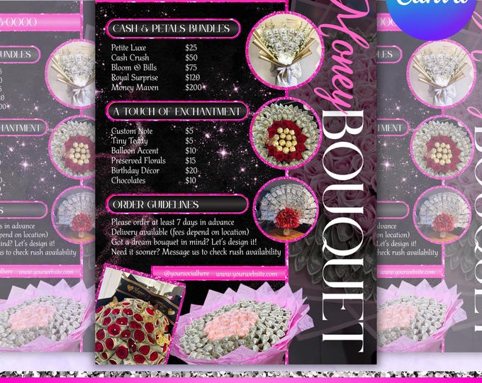 Money Bouquet Price List, Luxury Printable Pricelist, Bouquet of Flowers Menu,Rose & Money Bouquets Flyer,Business Price List,Canva Editable