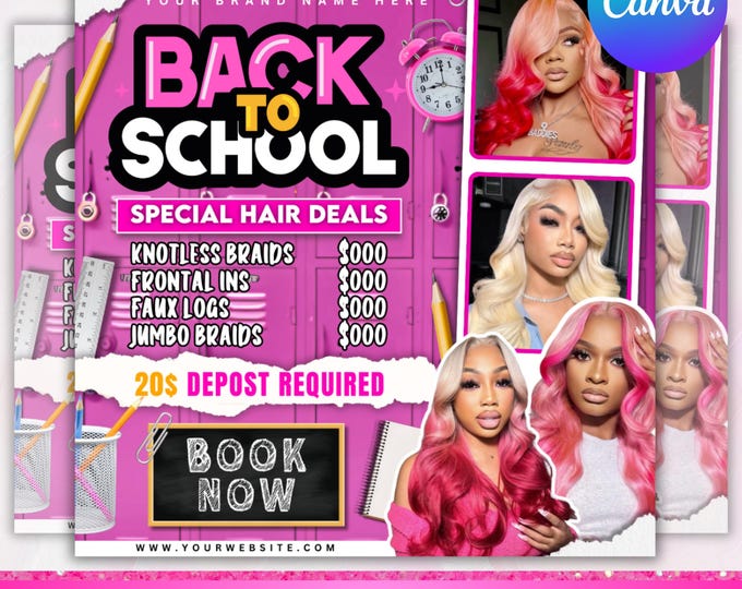 Back To School Flyer, Back to school sale flyer, Back to school Hair flyer, DIY canva template, Back 2 School Flyer, Canva Editable