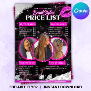Braids Pricelist, Hair Styles Braiding Price Guide, DIY Flyer Template Design, Beauty Salon Price Sheet, Premade Lash hair Nails Price List Braids Pricelist, Braids Price List Flyer,Knotless Braids Flyer,Beauty Salon Price Sheet, Premade Lash hair Nails Price List, Canva Editable Braids Pricelist, Hair Styles Braiding Price Guide, DIY Flyer Template Design, Beauty Salon Price Sheet, Premade Lash hair Nails Price List