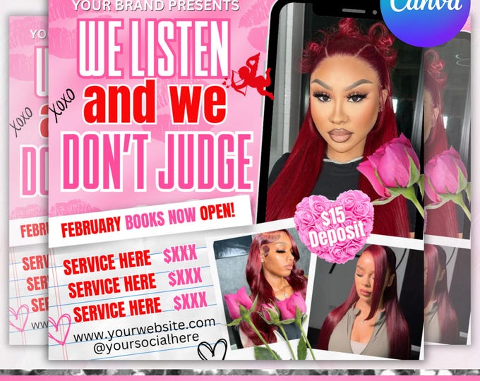 February Booking Flyer, Valentines Day Booking Flyer, February Booking, Hair Braids Nail Lash Makeup Wig Install , Canva Editable