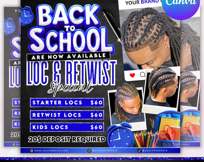 Back to School Loc and Retwist Special, Hair Flyer, Locs specials flyer, Dread Locks Flyer, Hair Stylist, Hair Special Flyer, Canva Editable
