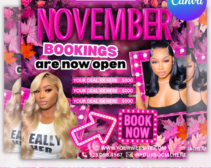 November Bookings Flyer: Hair, Lash, Nails, MUA (Canva Editable)