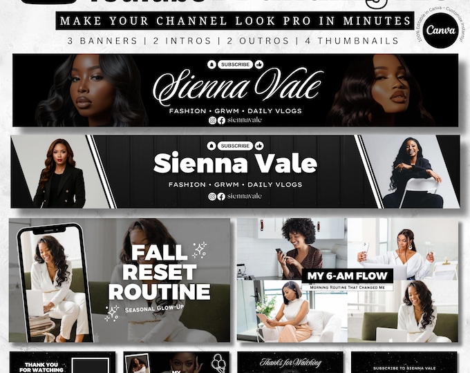 YouTube Branding Kit Template, Youtube Banners, Youtube Thumbnails, Youtube Intros Outros, Social Media Brand Kit, Canva Editable