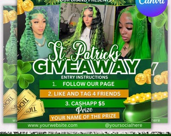March Raffle Giveaway Flyer, St.Patricks Day Raffle Giveaway Flyer,March Book Now, March Hair, March Lashes Nails Braid Flyer,Canva Editable
