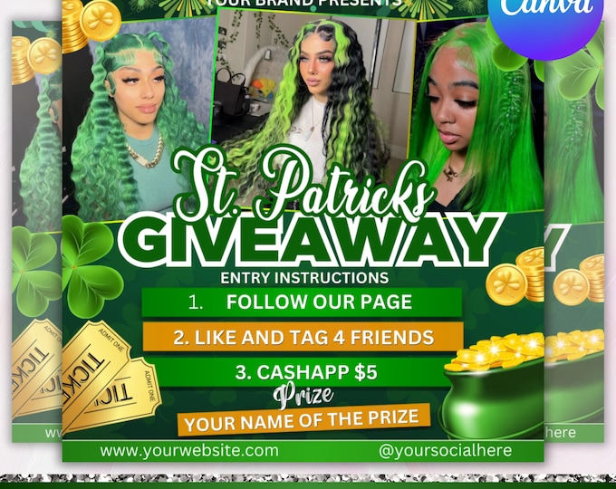 March Raffle Giveaway Flyer, St.Patricks Day Raffle Giveaway Flyer,March Book Now, March Hair, March Lashes Nails Braid Flyer,Canva Editable