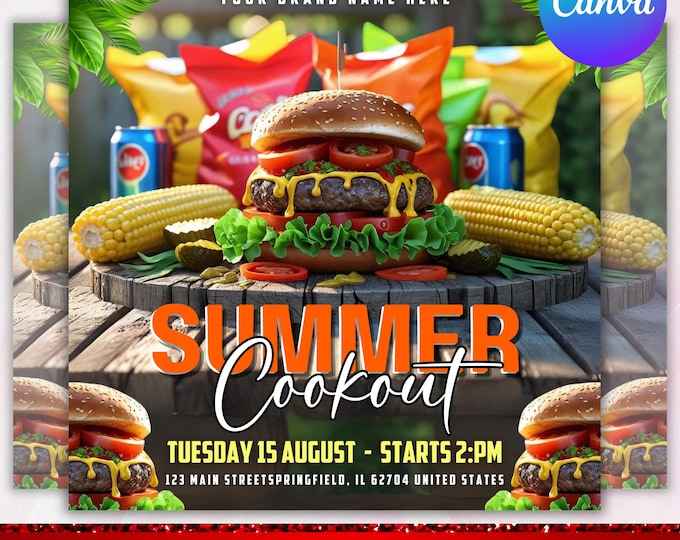 Backyard Cookout Flyer, BBQ Flyer, Summer Cookout Flyer, DIY Canva Editable Design Template, Food Flyer, Social Media Flyer, Canva Editable