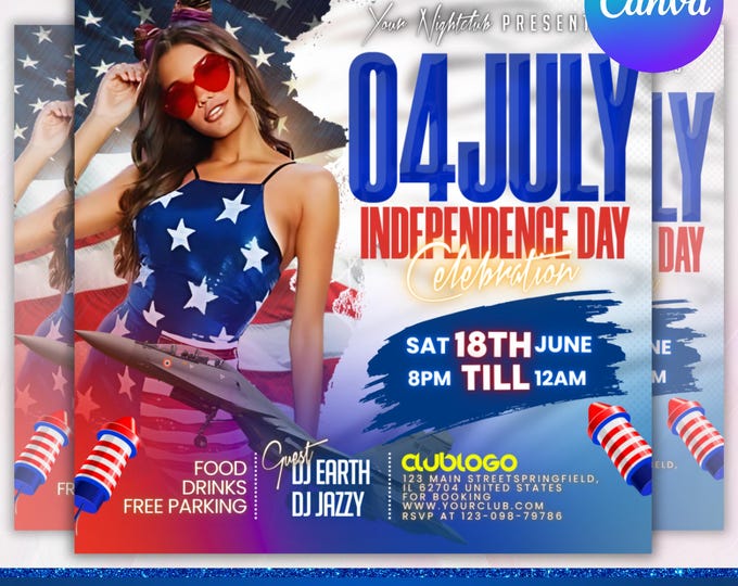 4th of July Party Flyer, Independence Day Party Flyer, USA Celebration Flyer, Patriotic Party Flyer, Club Party Flyer, Canva Editable