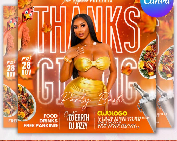 Thanksgiving Party Flyer, Thanksgiving Club Invite, Friendsgiving Dinner Invite, Celebration Flyer, Social Media Flyer, Canva Editable