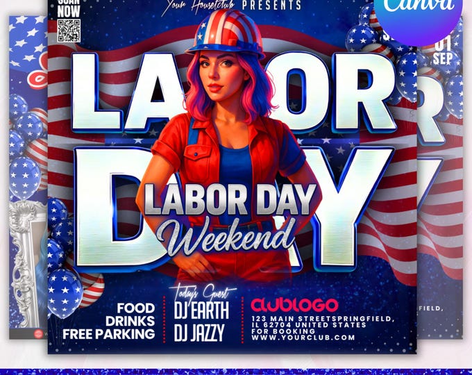 Labour Day Party Flyer, Labour Day Party Invitation, Club Party Flyer, Labor Day Club Flyer, Outdoor Party Flyer, Canva Editable