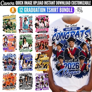 May include: A white t-shirt with a graduation design, featuring the text "CONGRATS!" and "CLASS OF 2026". The image also displays a bundle of 12 graduation t-shirt designs with various graphics and text, including names and the year 2026.
