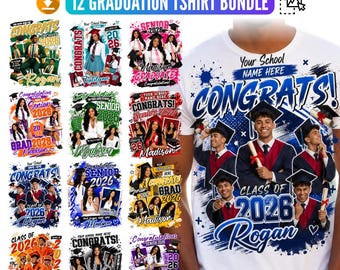 12x Graduation Photo Shirt Bundle for Canva, Editable Class of 2026 Senior T-Shirt Templates, High School Grad PNG Designs, DIY Grad Graphic