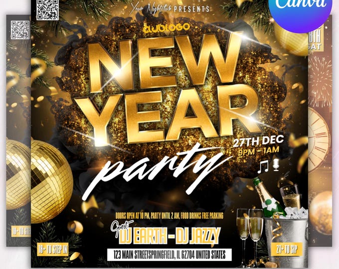 New Year Party Flyer 2026, Year Event Flyer, Night Party Flyer, Night Club Flyer, Countdown Night Event, Happy New Year, DIY Party Template