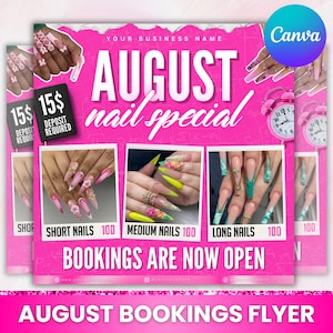 August-Buchungsflyer, August-Ernennungsflyer, Schulanfang-Flyer, Schulverkaufsflyer, Haargeflecht-Lash-Perücke-Flyer, Canva bearbeitbar