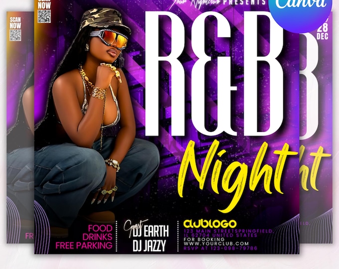R&B Night Party Flyer: Nightclub Music, Canva Editable