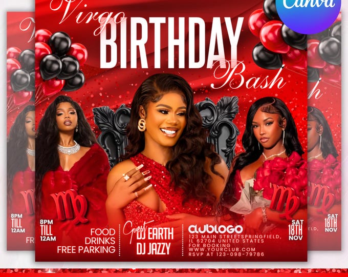 Virgo Birthday Flyer, Birthday Party Invitation Flyer, Virgo Season Birthday Flyer, Virgo Birthday Flyer, Birthday Event, Canva Editable