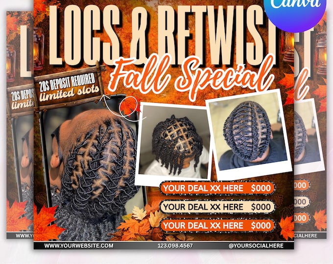 Locs specials flyer, Dread locks flyer, Hair specials flyer, Locs and Retwist flyer, Hair Loctician, Hair stylist, Loc Styling Braid