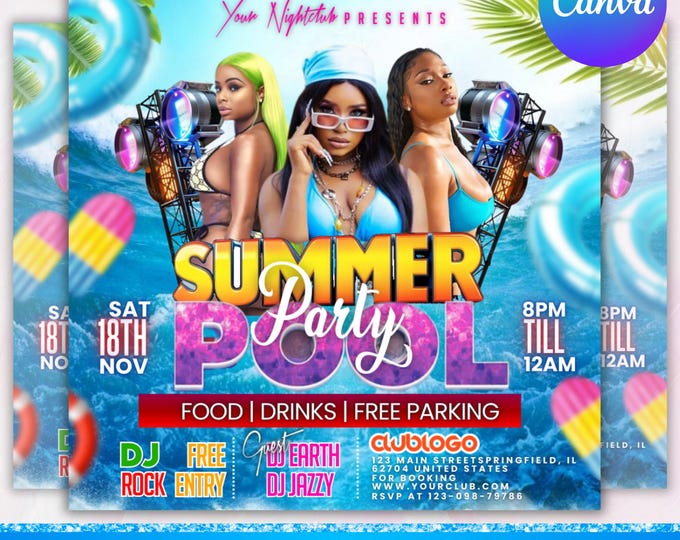 Summer Party Flyer, Pool Party Invite Flyer, Summer Break Party Flyer, Summer Event Flyer, DIY Flyer Template Design, Canva Editable