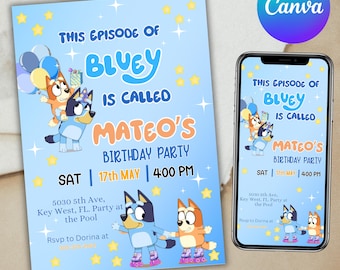 Bluey Birthday Invitation Bingo Editable Digital Birthday Party Invitation Digital Bday Party Invite Blue Dog Boys Girls Instant Download
