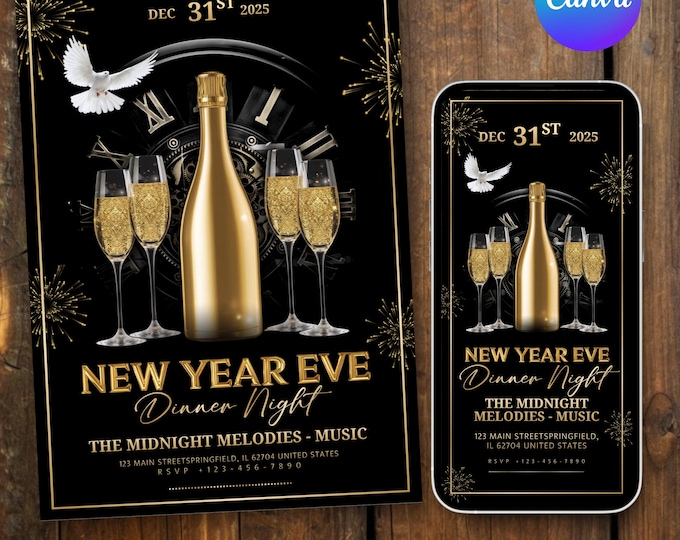 2026 New Year’s Eve Party Invite Editable, Gold Celebration New Year Digital Invitation, Black and Gold New Year Evite, Instant Download