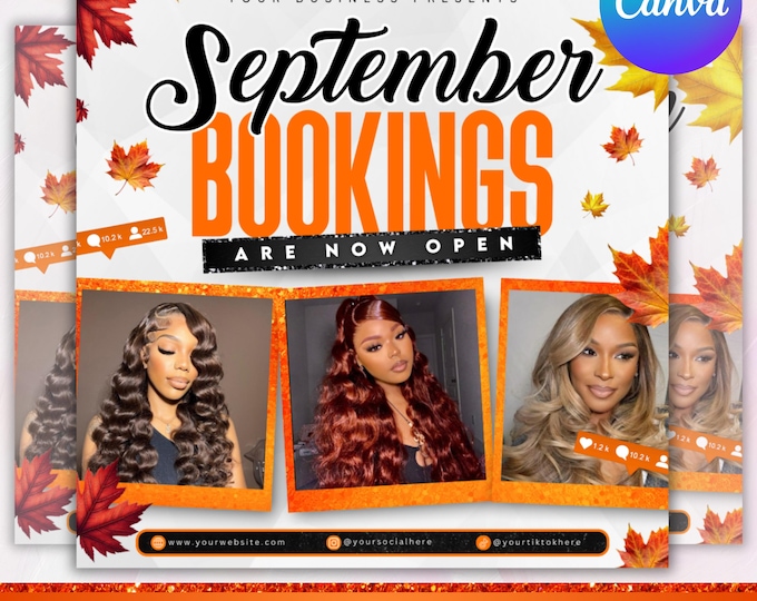 September booking flyer, September flyer, Fall Season Booking Flyer, Fall Szn Sale, Wig Install, Lash Nail Braids Flyer, Canva Editable