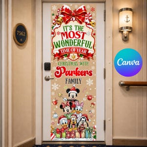 May include: A vertical Christmas door banner featuring a large red bow at the top, the text IT'S THE MOST WONDERFUL TIME OF YEAR, and CHRISTMAS WITH Parkers FAMILY. The design includes illustrations of Mickey, Minnie, Donald, Daisy, Pluto, and Goofy.