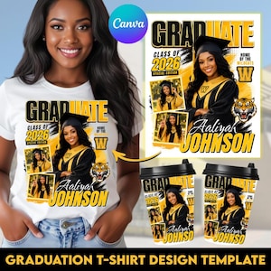 May include: White t-shirt with a graduation design featuring the text "GRADUATE CLASS OF 2026" and the name "Aaliyah Johnson". The design includes a photo of a graduate in a cap and gown, a tiger, and the letter "W".