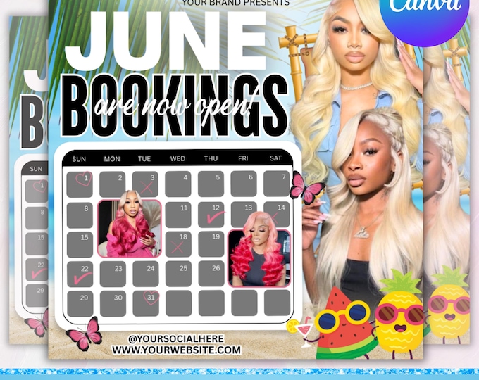 June Booking Flyer, Summer Booking Flyer, June Books Open, Makeup MUA Lashes Hair Locs Braids Wig Beauty Flyer, June Calendar,Canva Editable
