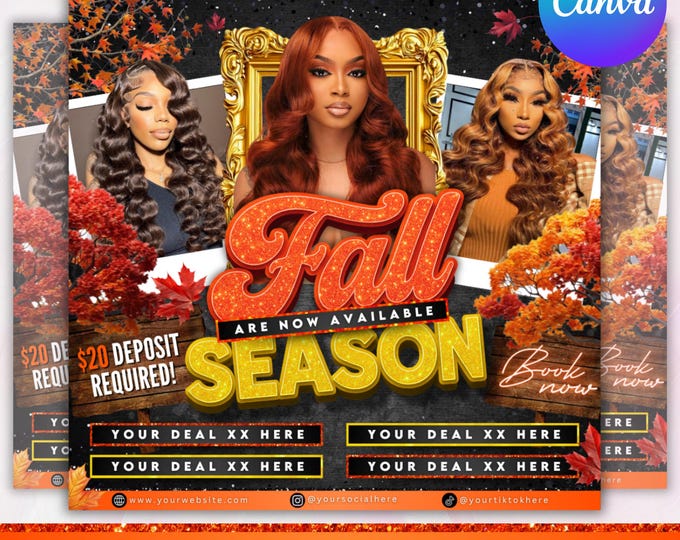 Fall Season Booking Flyer, September booking flyer, September flyer, Fall Szn Sale, Wig Install, Lash Nail Braids Flyer, Canva Editable