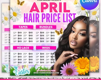 April Hair Sale Flyer, April Booking Flyer, Spring Booking Flyer, Hair Price list Flyer, Hair Bundles Special Deals Flyer, Canva Editable
