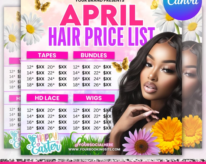 April Hair Sale Flyer, April Booking Flyer, Spring Booking Flyer, Hair Price list Flyer, Hair Bundles Special Deals Flyer, Canva Editable
