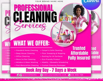 Flyer schoonmaakdiensten, professionele schoonmaakflyer, schoonmaakserviceflyer, schoonmaakserviceflyer, doe-het-zelf-flyersjabloon, bewerkbaar canvas