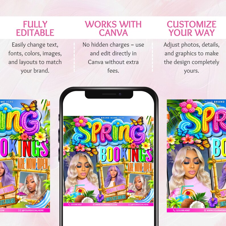 Spring Break Booking Flyer, Spring Booking Flyer, Spring Break Sale Flyer, Spring Special Flyer, Hair Lash Nail Makeup Braids,Canva Editable Spring Break Flyer, March Bookings, Editable Spring Glam Flyer Template, Spring Flyer, Book Now Flyer, Canva Template Instant Download  Spring Break Flyer, Spring Booking Flyer, Editable Spring Flyer Template, Book Now Flyer, Braids Flyer, Canva Template Instant Download