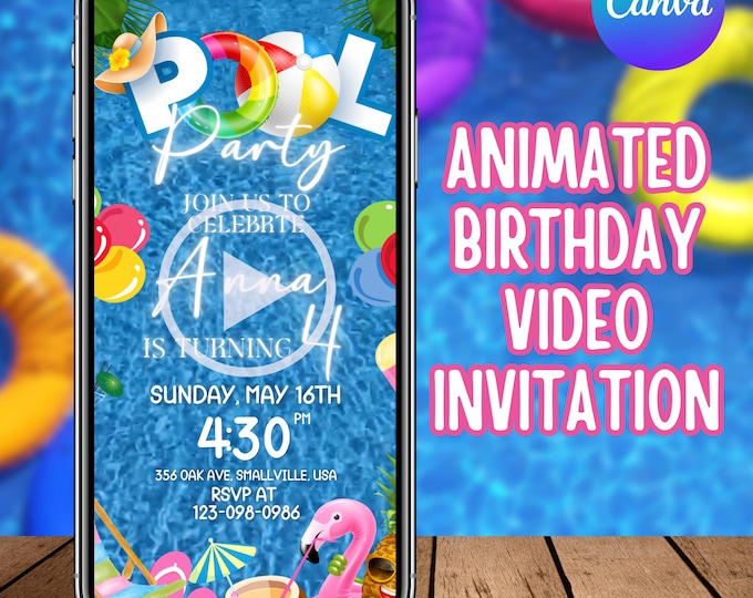Blue Pool Party Birthday Invitation Video. Neon Beach Theme Tropical Summer Invite For Teens, Kid party, Adults party, Canva Editable