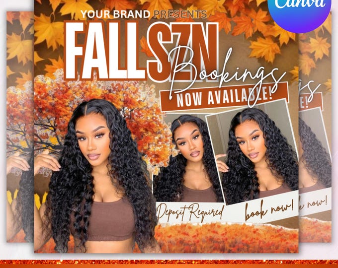 September booking flyer, September flyer, Fall Season Booking Flyer, Fall Szn Sale, Wig Install, Lash Nail Braids Flyer, Canva Editable