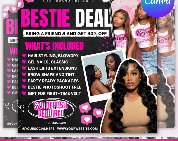 Best Friend Deal Flyer, Bring a Friend Sale Flyer, Bestie Deal Flyer, Makeup Flyer, Knotless Braid Flyer, Social Media Flyer, Canva Editable
