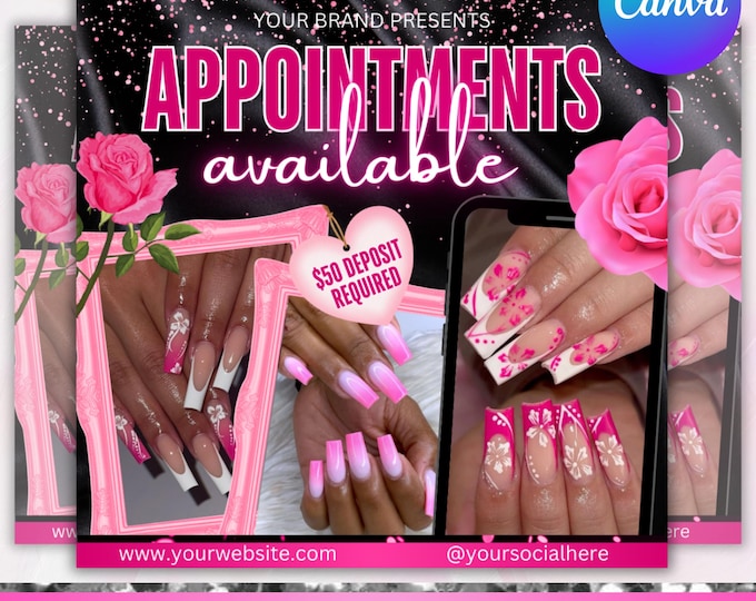 Nail Booking Flyer, Nail Tech Flyer, Nail Appointments flyer, Nail Book Now flyer, Nail Deal Flyer, Nail Special Flyer, Canva Editable