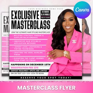 May include: A pink flyer for an exclusive masterclass. The flyer features a woman in a pink suit, with text that reads "Exclusive Masterclass" and details about hair styling techniques. The flyer also includes the date of the event and contact information.