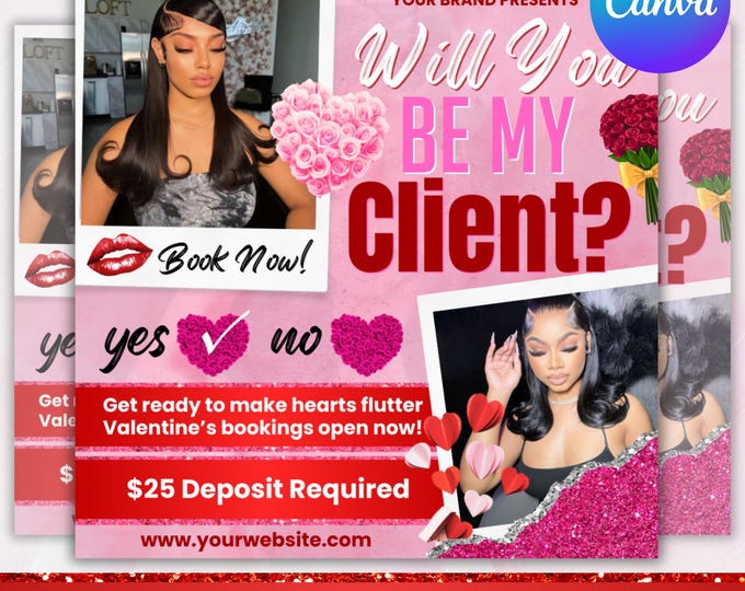 February Booking Flyer, Valentines Day Booking Flyer, February Booking, Hair Braids Nail Lash Makeup Wig Install , Canva Editable