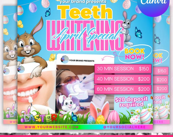 Teeth Whitening Flyer, April Special Flyer, Spring Booking Flyer, Easter Flyer, April Hair, Lashes Nails Braid Wig Flyer, Canva Editable