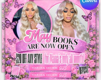 May Booking Flyer, Mothers Day Booking Flyer, May Hair, May Books Open, May Appointment Flyer, May Book Now, May Lashes Nail Braid Wig Flyer