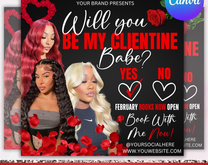 February Booking Flyer, Valentines Day Booking Flyer, February Booking, Hair Braids Nail Lash Makeup Wig Install , Canva Editable